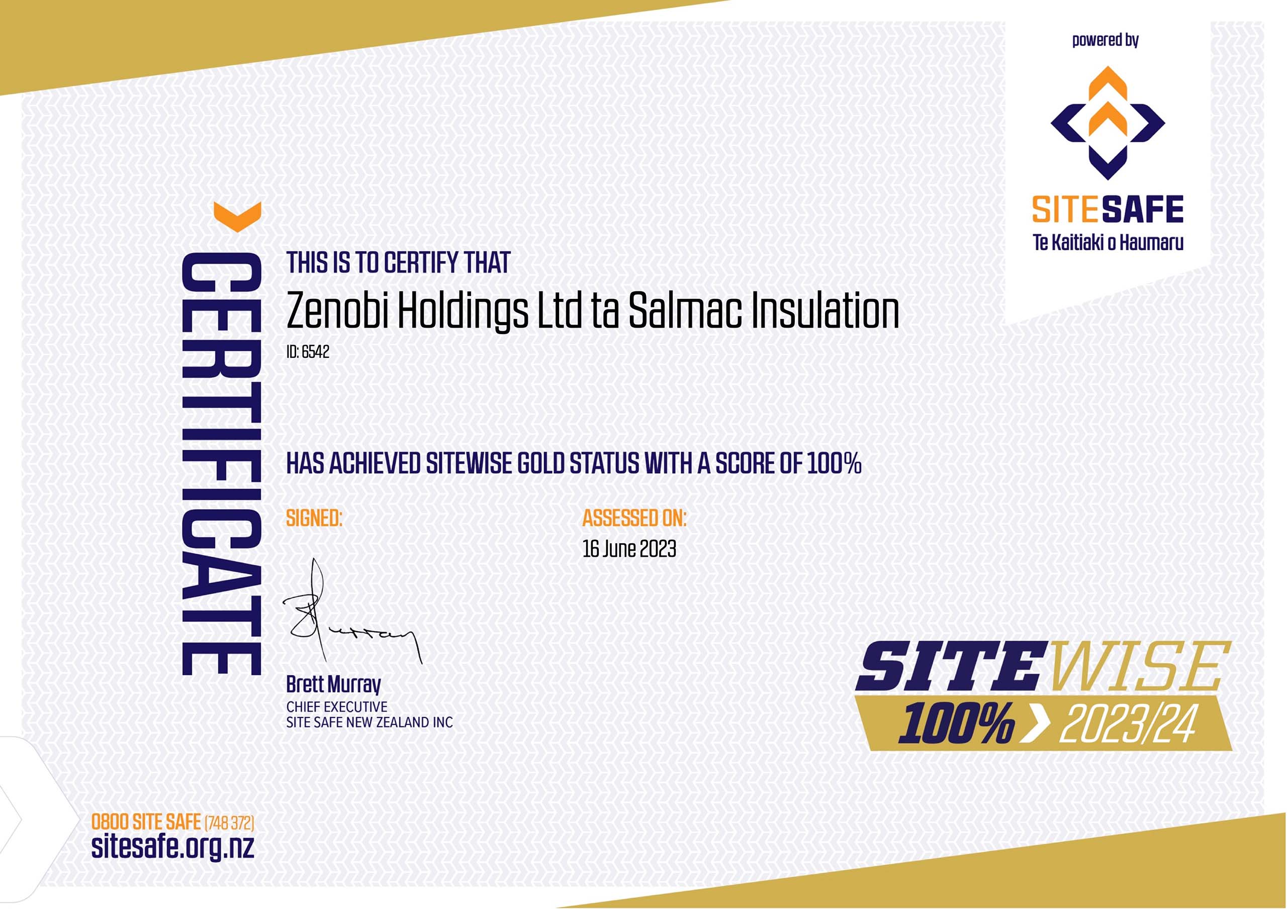 SiteWise 100% Certificate for Salmac Dunedin