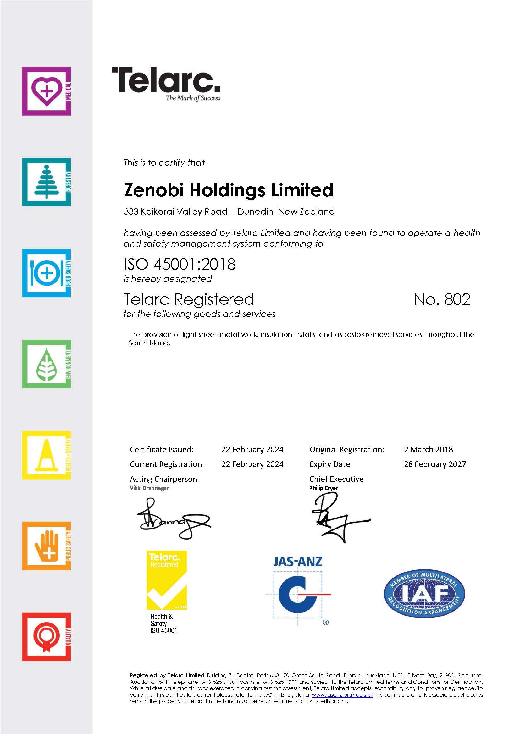 Telarc Health and Safety Management Certificate 2024