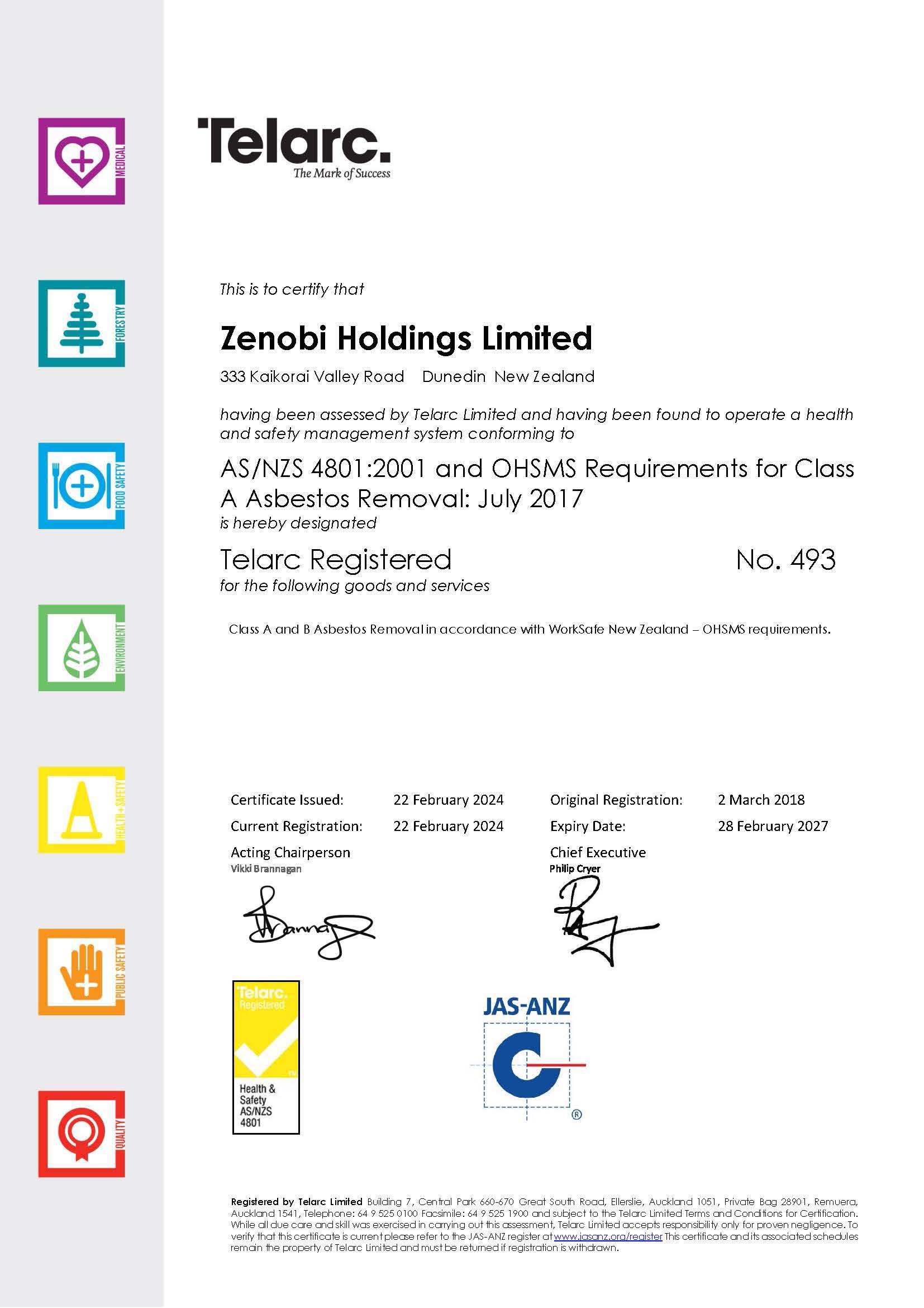 Telarc Class Asbestos Removal Certificate 2024